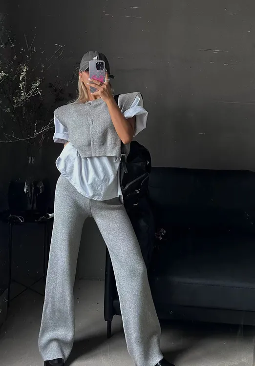 针织马甲阔腿裤套装