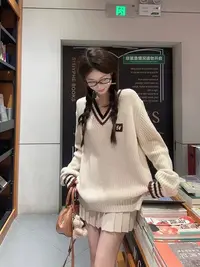撞色V领套头长袖针织衫女秋冬新款慵懒风复古美式宽松小众毛衣潮