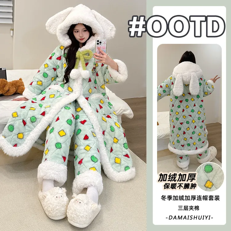 Nuodun/诺盾冬季新款睡袍三层夹棉厚保暖可爱清新连帽家居服外穿