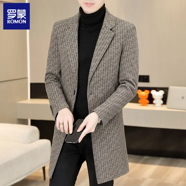 罗蒙男士毛呢大衣新款韩版修身时尚高档呢子外套中长款百搭风衣潮