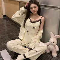芯语婷秋季新款带胸垫蕾丝蝴蝶结吊带三件套云朵棉女睡衣纯欲气质