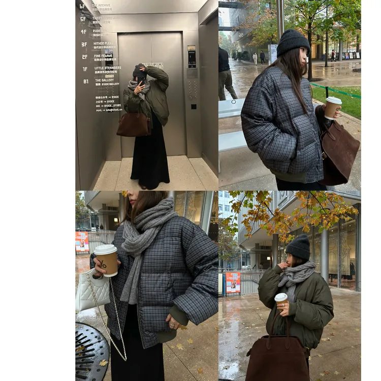 D YANGJUN 2025冬季新款两面穿复古格纹廓形棉服女保暖短款面包服