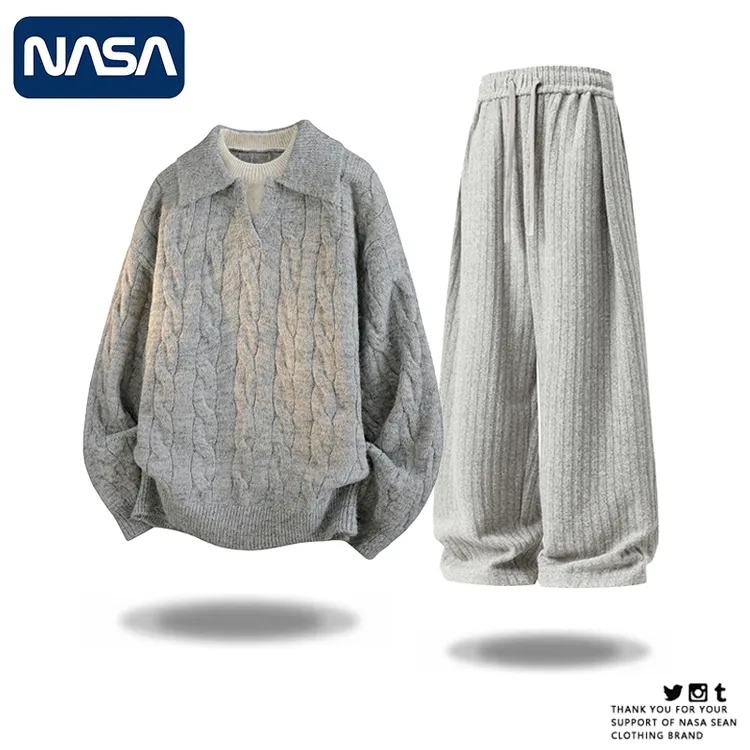 NASA绞花纹毛衣搭配卫裤套装男士秋冬季新款休闲运动两件套潮牌