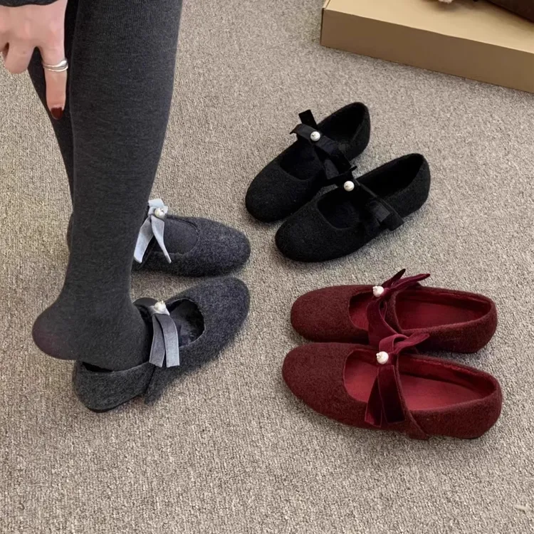 韩系灰色玛丽珍毛毛鞋女冬外穿棉鞋法式仙女平底加绒呢子单鞋鞋子