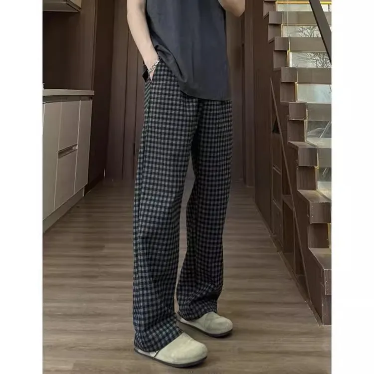 美式复古黑灰格子休闲裤春季vintage阔腿直筒裤男款宽松垂感长裤