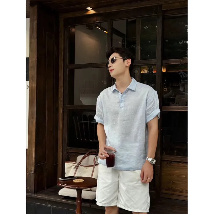 浅蓝色亚麻polo衫短袖男夏季轻薄透气冰丝速干T恤老钱风防晒衬衫