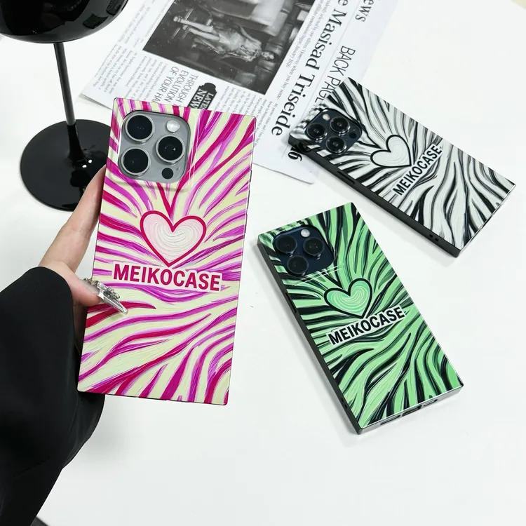 MEIKOCASE 爱心斑马纹方形手机壳适用苹果17promax16高级感15情侣