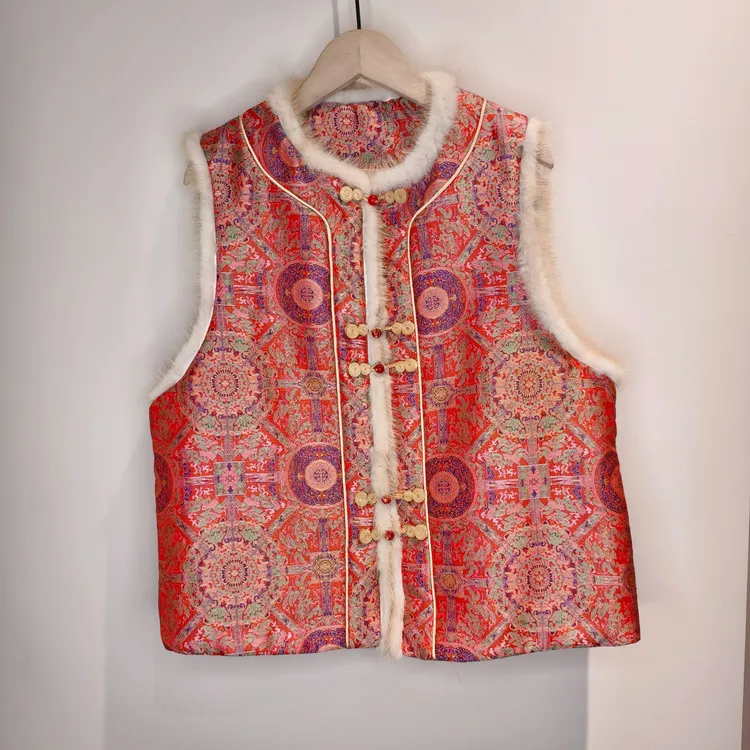 八方来财-新中式里外100桑蚕丝宋锦加棉马甲