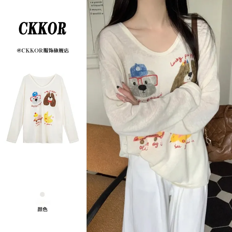 CKKOR早春时尚韩版印花长袖T恤女夏季防晒罩衫慵懒风宽松百搭上衣