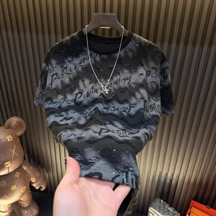 2026新款短袖t恤男满天星烫钻破洞上衣圆领休闲短袖男t恤打底衫