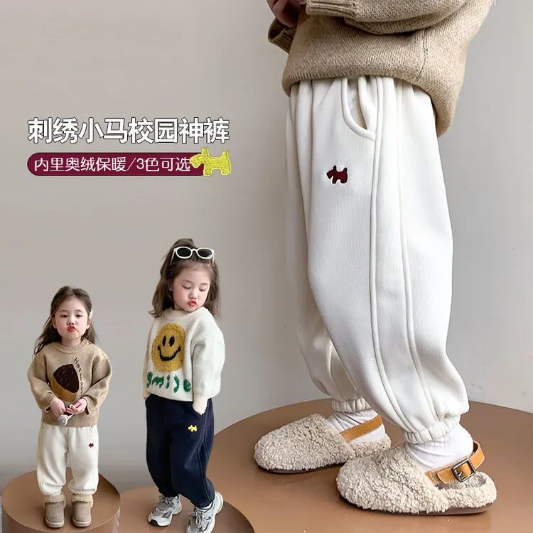女童加绒卫裤秋冬装2025新款女宝宝一体绒加厚休闲裤冬季长裤