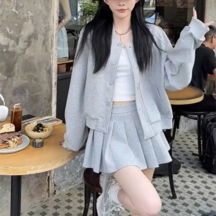 时尚卫衣衣裙套装2025美式休闲高腰灰色新款百褶短裙两件套