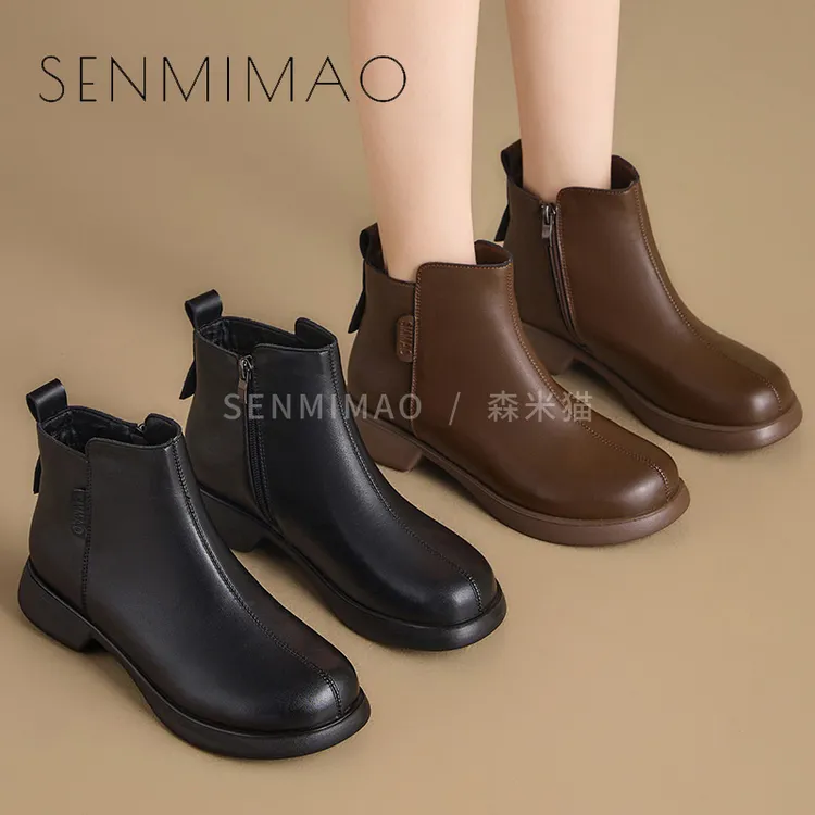 靴子女新款防滑增高百搭英伦工作鞋早秋真牛小皮鞋时尚舒适时装靴