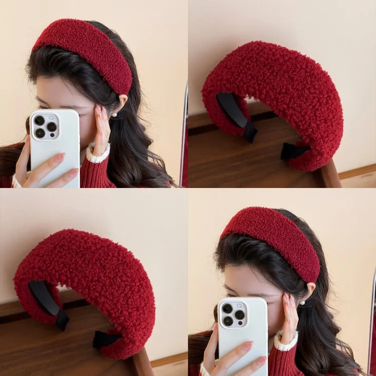 2025新款新年红色宽边羊羔毛发箍女外出百搭洗脸头箍时尚发卡头饰