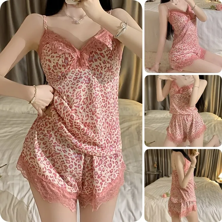 粉色系豹纹印花吊带睡衣女带胸垫吊带短裤套装夏季新款仿棉家居服