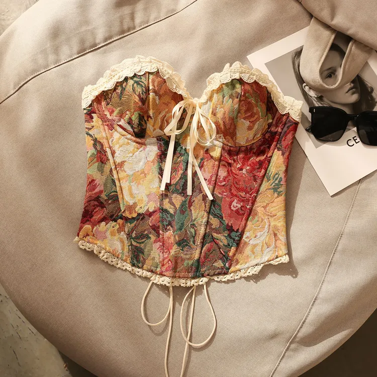 法式油画感吊带背心女2025夏季洋气复古重工碎花显瘦修身系带胸衣