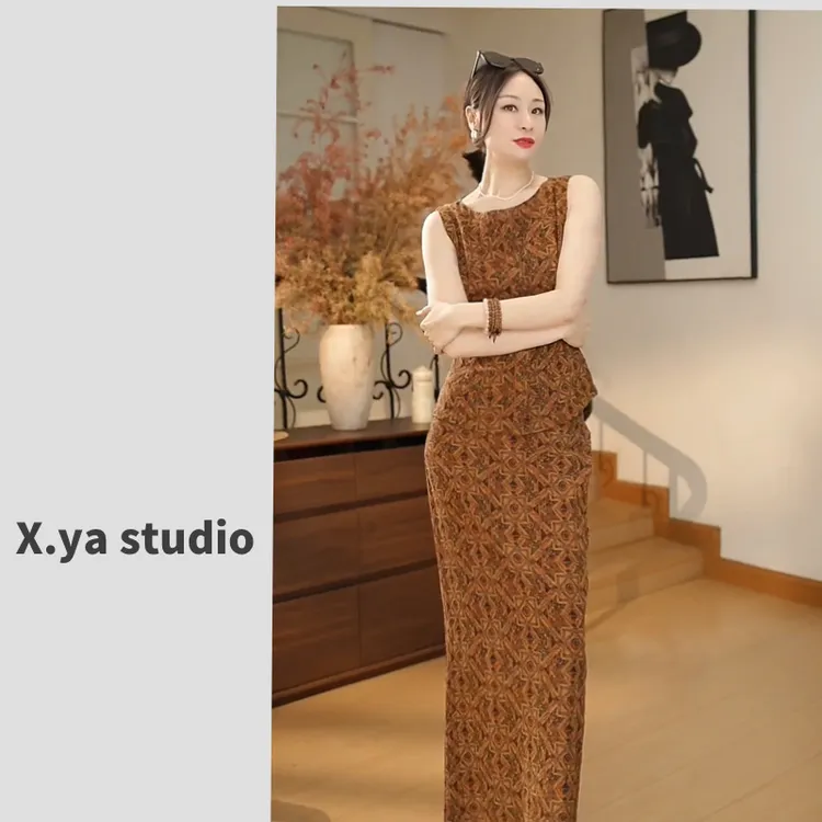 南油小雅真丝香云纱复古咖色提花马甲显瘦套装上衣气质长款休闲