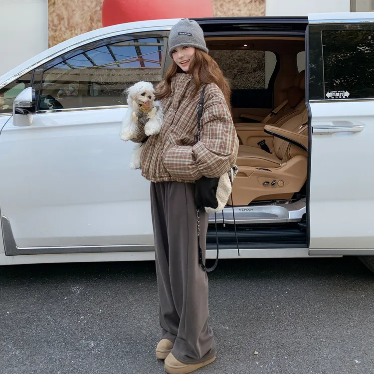 韩系时髦复古格纹连帽羽绒服女2025冬季新款超好看休闲鸭绒面包服