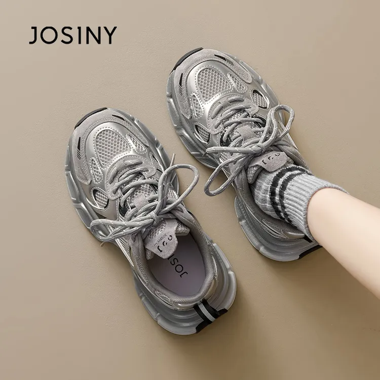 卓诗尼厚底休闲百搭网面老爹鞋女2025春季新款透气软底运动鞋银色