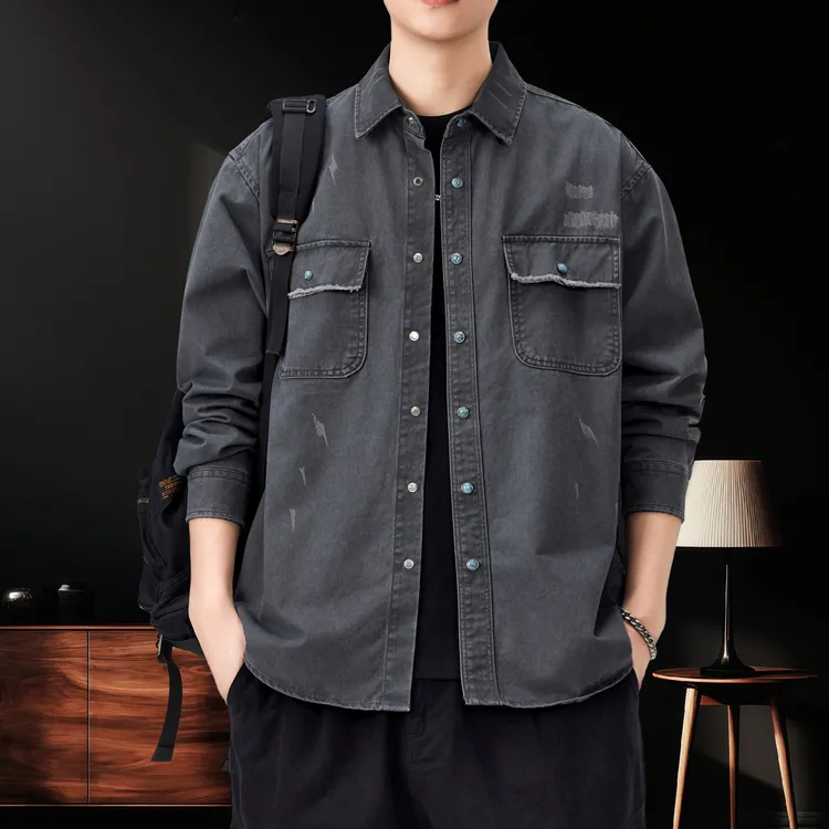 美式复古男士工装长袖衬衫外套春秋款潮牌宽松纯棉衬衣百搭外套潮