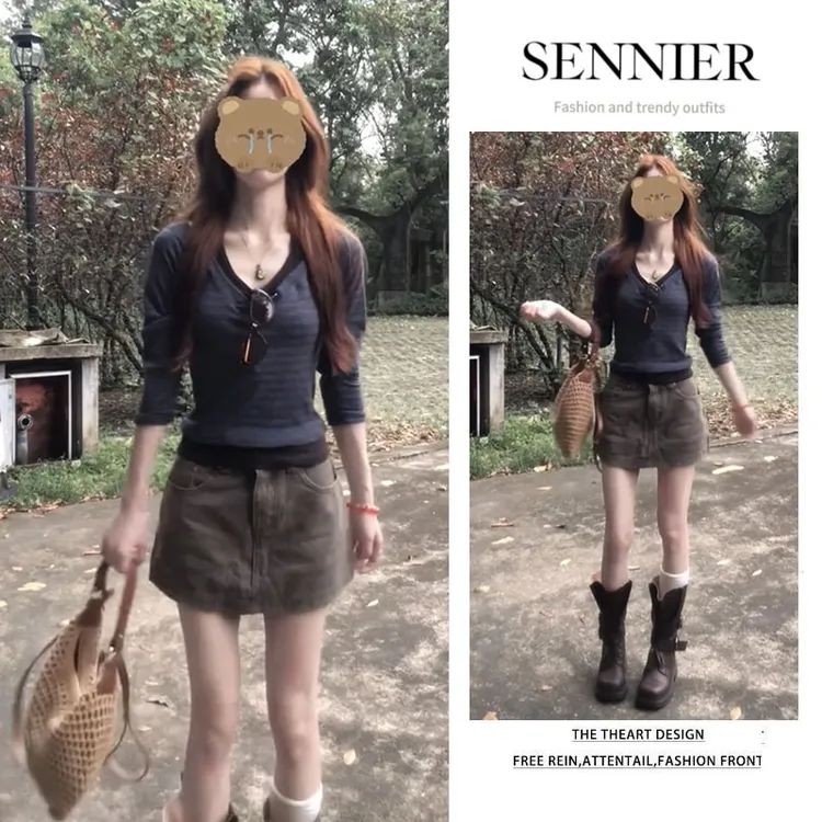 时尚穿搭女装2025早秋新款简约条纹v领修身长袖百搭短裙两件套装