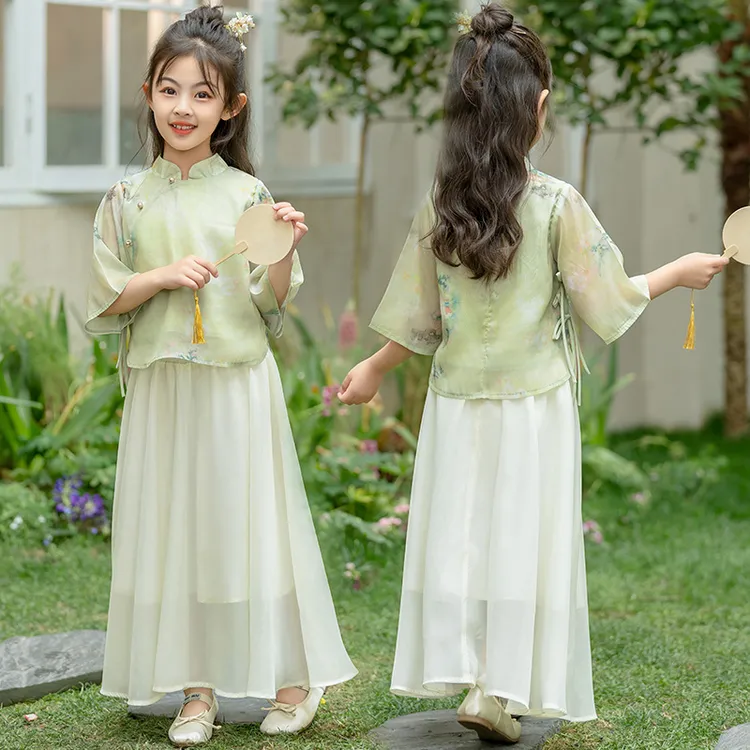 女童2025夏款新中式国风短袖中大童夏季超仙汉服古装水乡裙子套装
