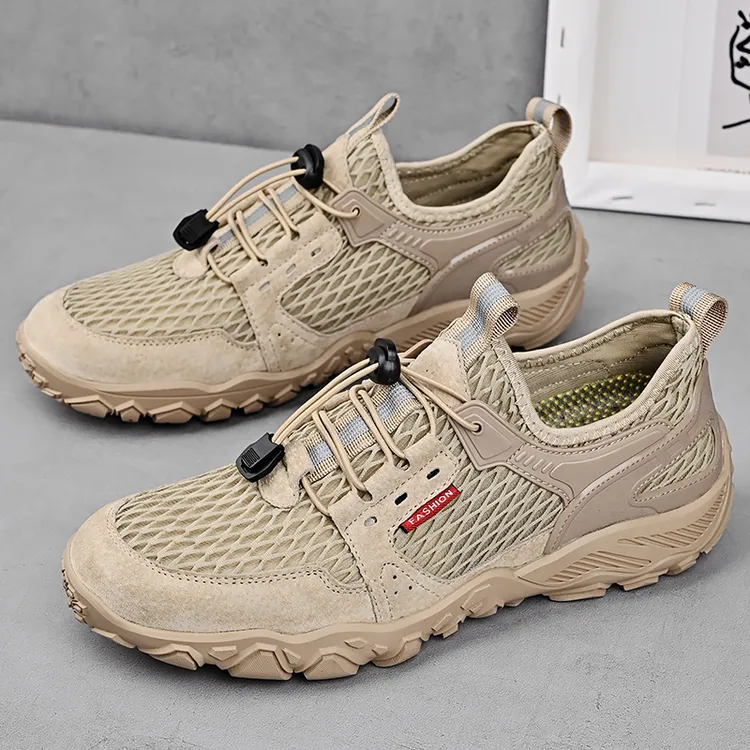 出口男士网鞋真皮透气镂空运动夏季休闲网面鞋网孔防滑飞织网面鞋