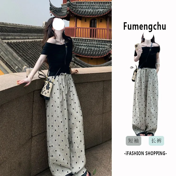 巨好看的夏装一整套高级感减龄短袖T恤苎麻波点阔腿裤休闲套装女