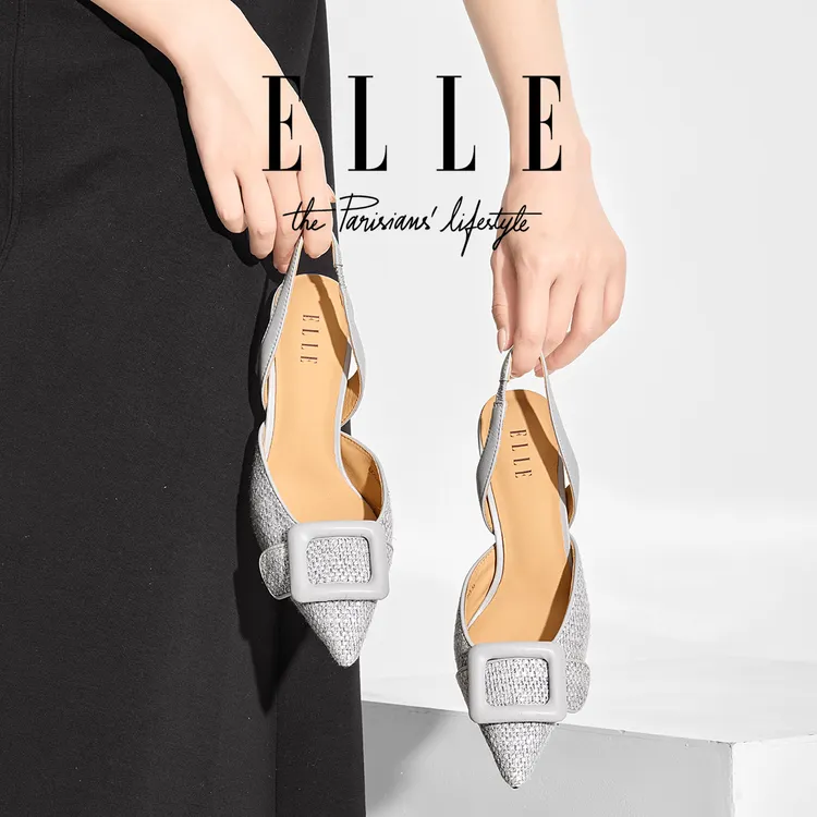 ELLE时尚高级感尖头高跟凉鞋女气质细跟后绊带小香风方扣包头单鞋