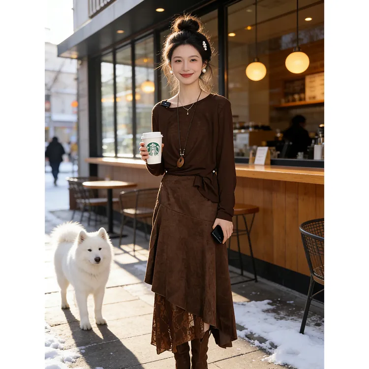 复古韩式松弛氛围网红套装2025冬季爆款修身上衣宽松裙子两件套女