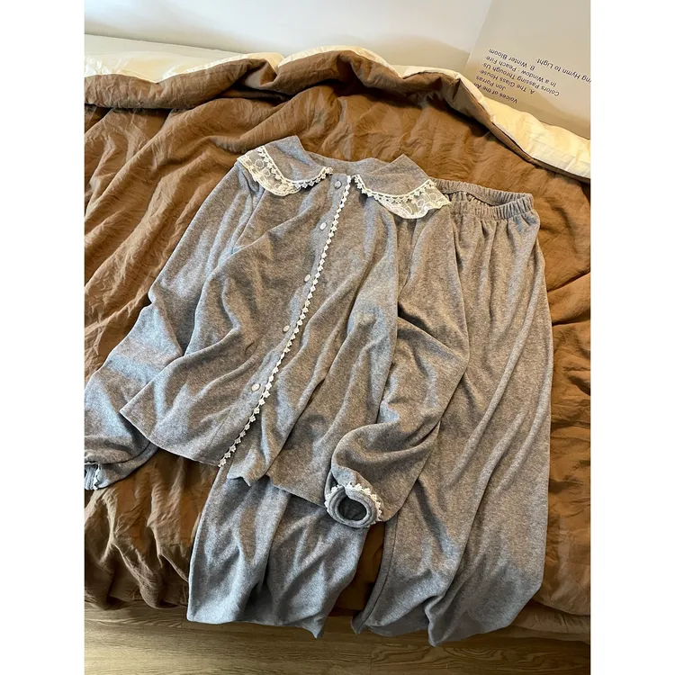 纯色甜美可爱少女时尚舒适开衫睡衣女高级灰蕾丝拼接外穿居家套装