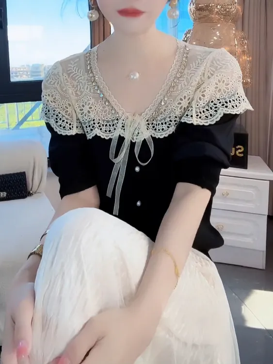 黑色蕾丝拼接蝴蝶结v领长袖针织衫女2025秋季新款小香风百搭上衣