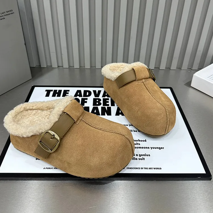 香港厚底勃肯包头半拖鞋女外穿2025新款秋冬季加绒增高保暖棉拖鞋
