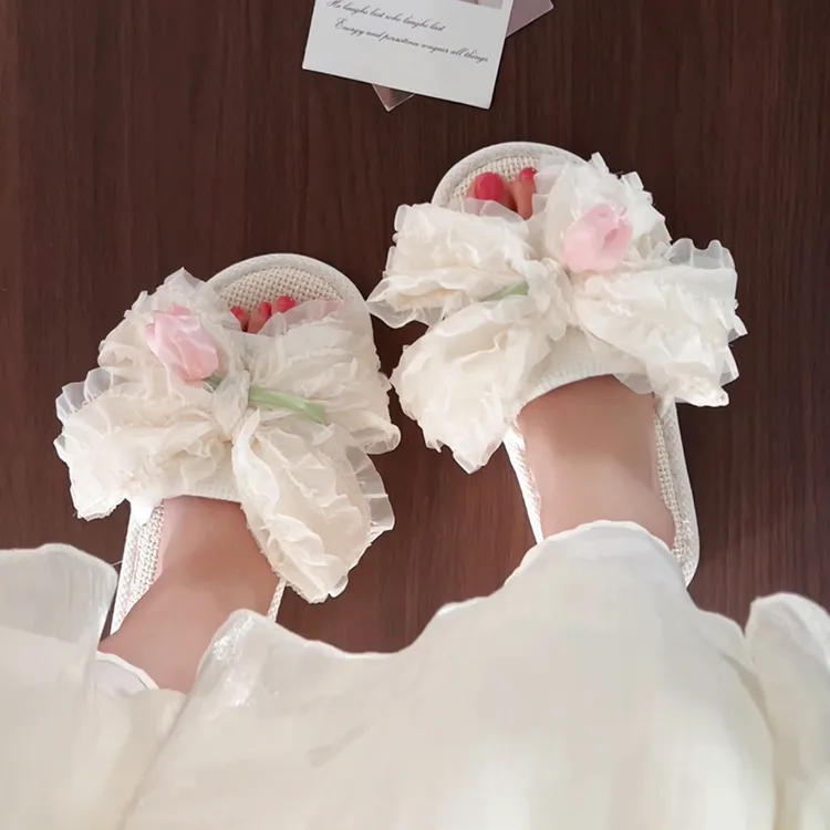 可爱仙女风郁金香蝴蝶结防滑软底居家凉拖女四季通用静音亚麻拖鞋商品图