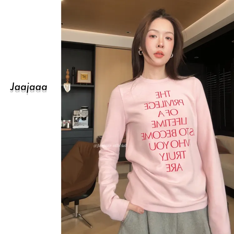 Jaajaaa晴雪暖光 高级感字母印花双面磨毛百搭圆领保暖上衣/ADE