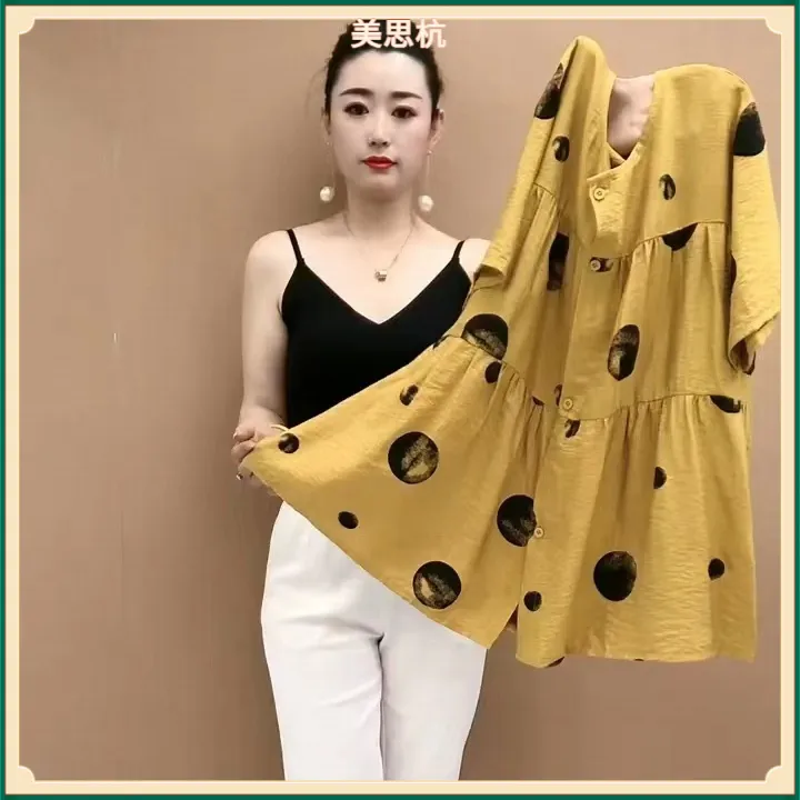 III2025波点气质女士短袖衬衣夏季新款宽松休闲大码遮肚中长款衫I
