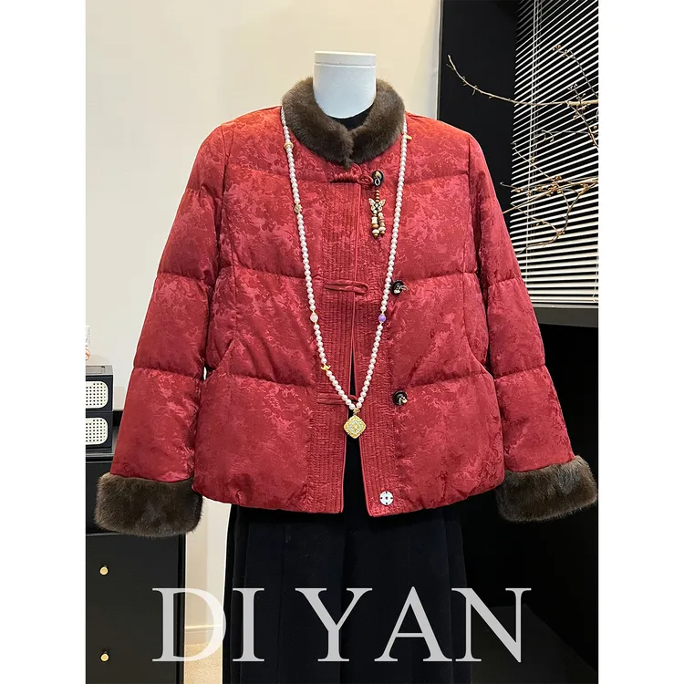 新中式妈妈国风毛领羽绒棉服冬季新款洋气盘扣保暖喜婆婆红色外套