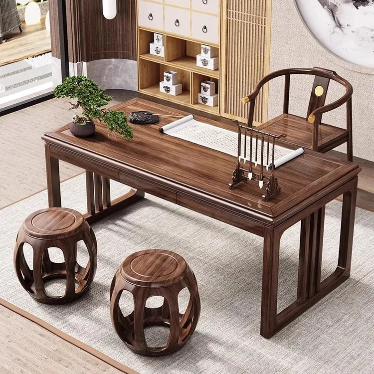 新中式乌金木实木书桌办公桌电脑书桌卧室小型茶桌家用桌子写字台