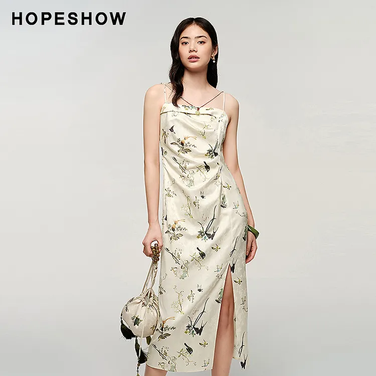 红袖秋季新款女装 新中式侧拉开叉吊带连衣裙89124291613