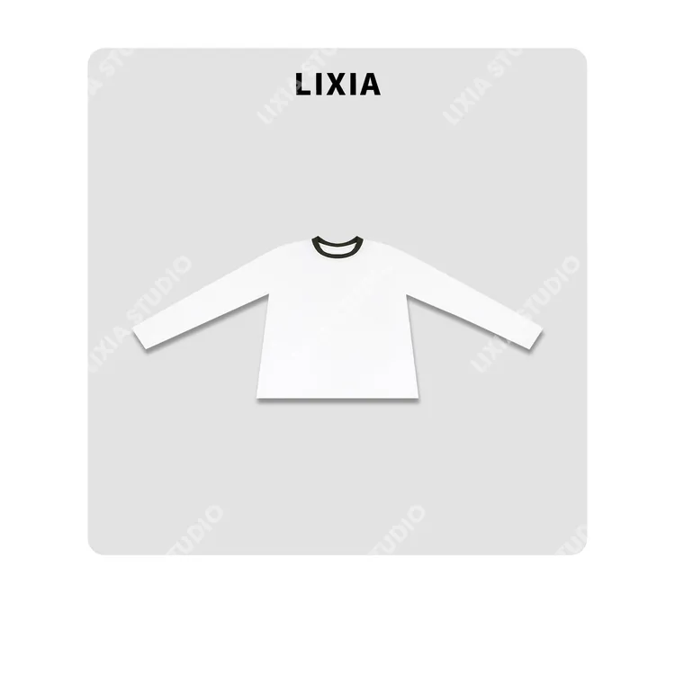 LIXIA【潮领】慵懒休闲风简约撞色领口设计圆领长袖T恤-D9572