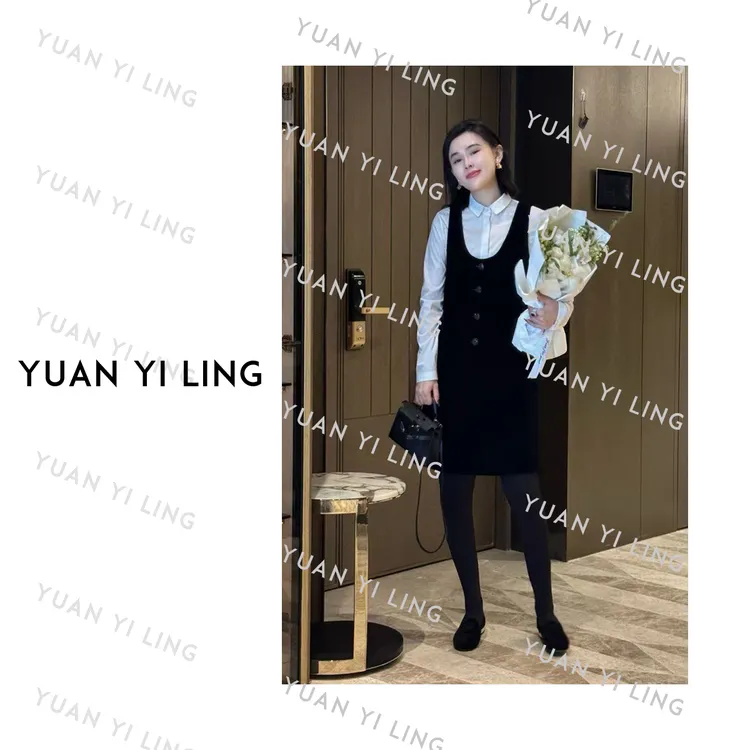 袁艺灵【米兰往事】秋冬法式丝绒U领排扣无袖连衣裙7051