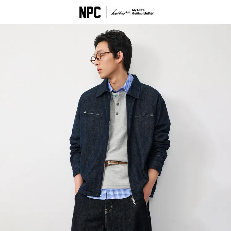 NPC潮牌对称双口袋翻领拉链牛仔夹克短款男挺阔上新NP57DC10
