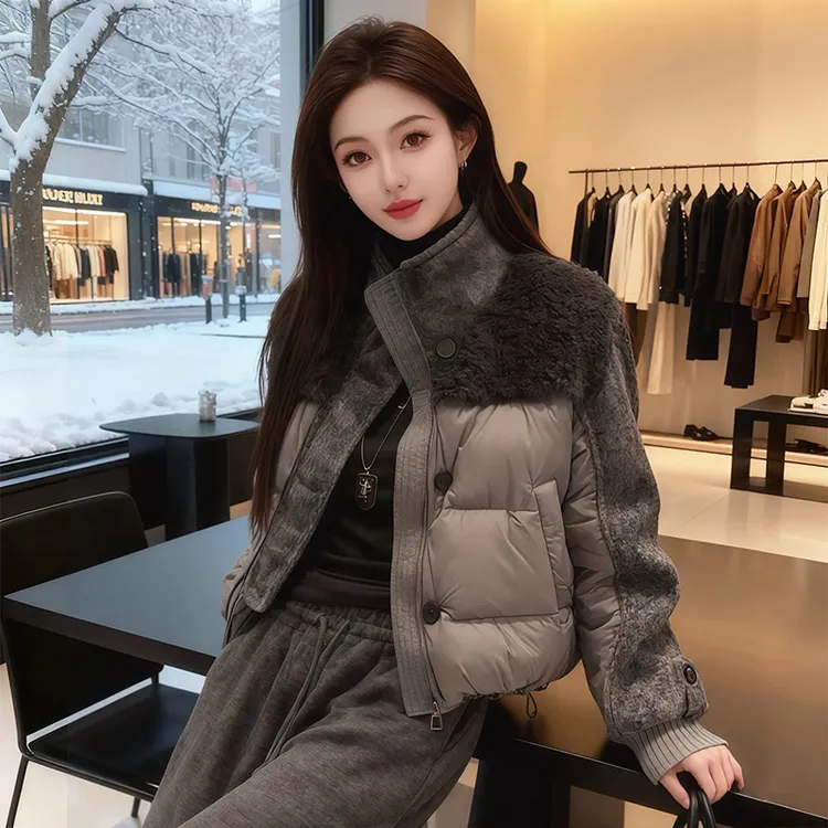 卡莲格/冬季灰色立领拼接棉服外套女2025年新款棉衣宽松保暖棉袄