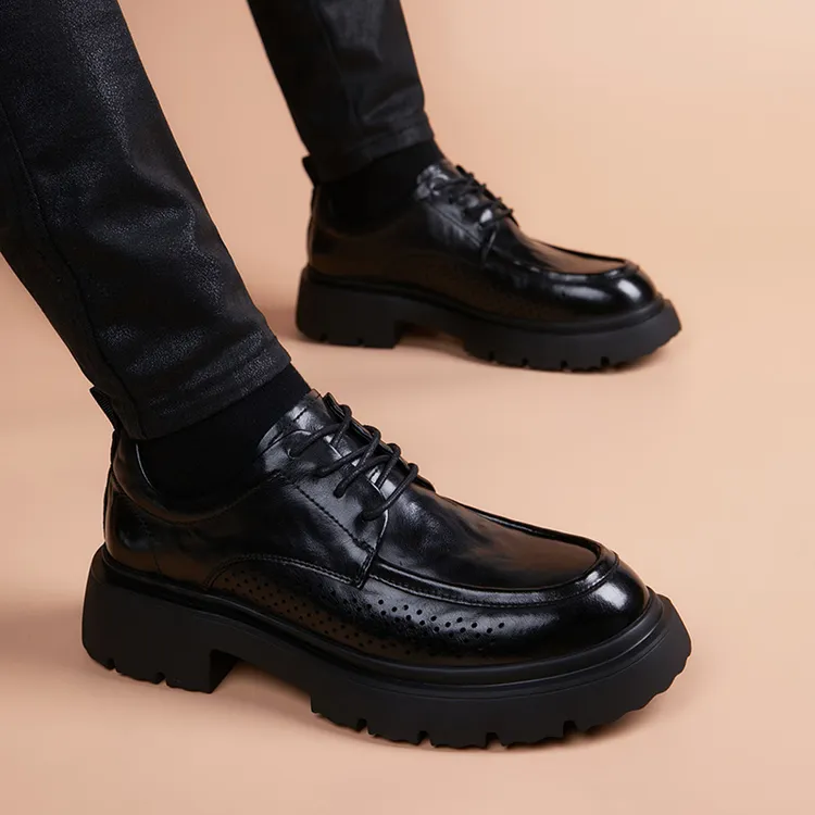 夏季透气镂空皮鞋男真皮商务正装圆头英伦厚底增高男鞋潮流德比鞋