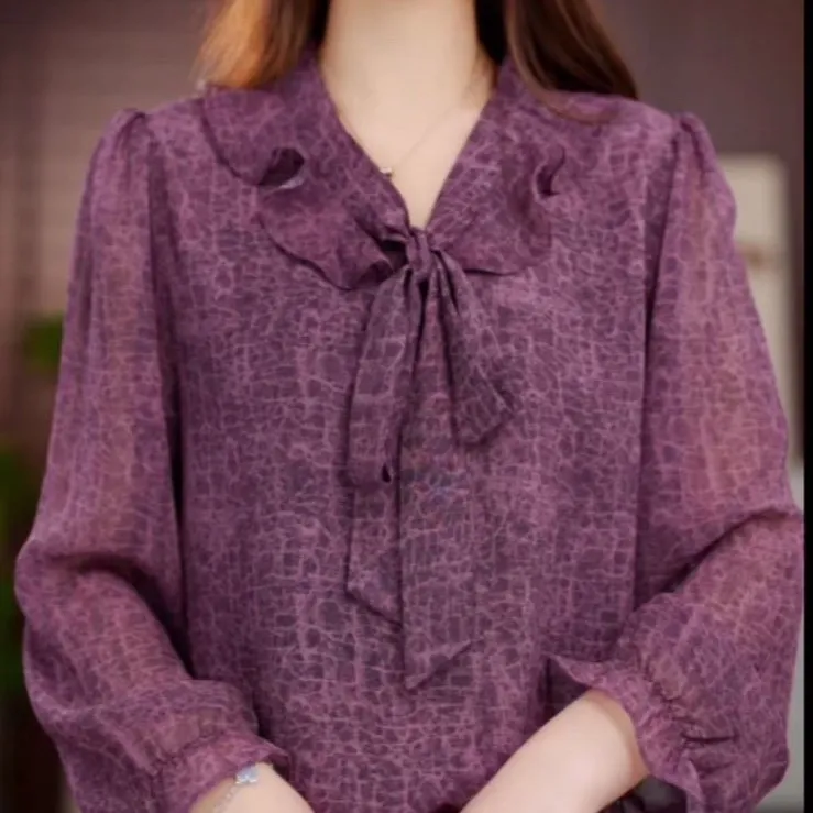 时尚系带领长袖衬衫女紫气东来气质装J显瘦减龄轻薄套头衬衣