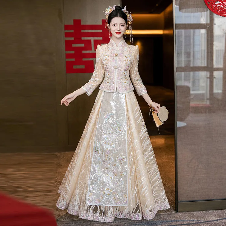 秀禾服婚服新款春夏结婚新娘香槟色新中式嫁衣重工奢华敬酒礼服裙