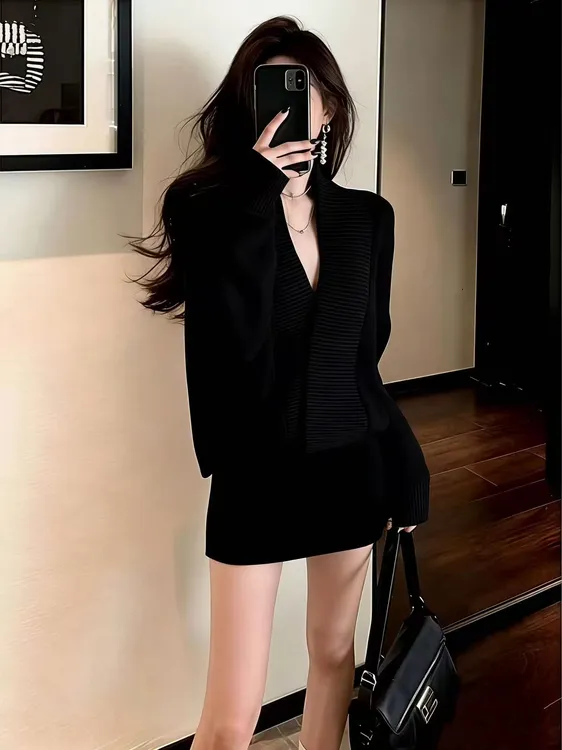 Z285气场强大名媛气质女神范高级感法式轻熟大方得体黑色连衣裙