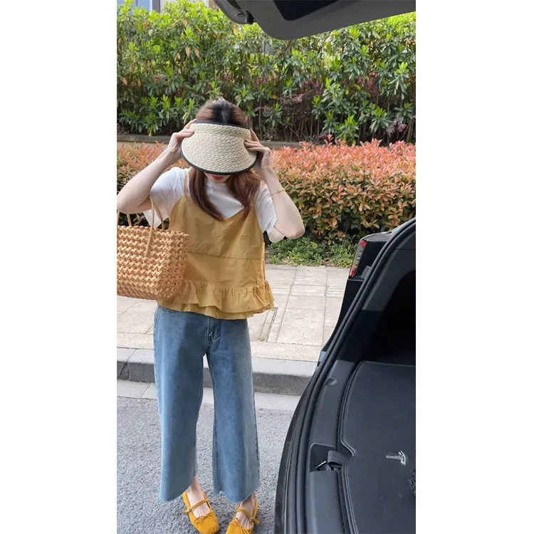 温柔风休闲洋气吊带背心短袖内搭t恤女装2025夏季新款上衣两件套