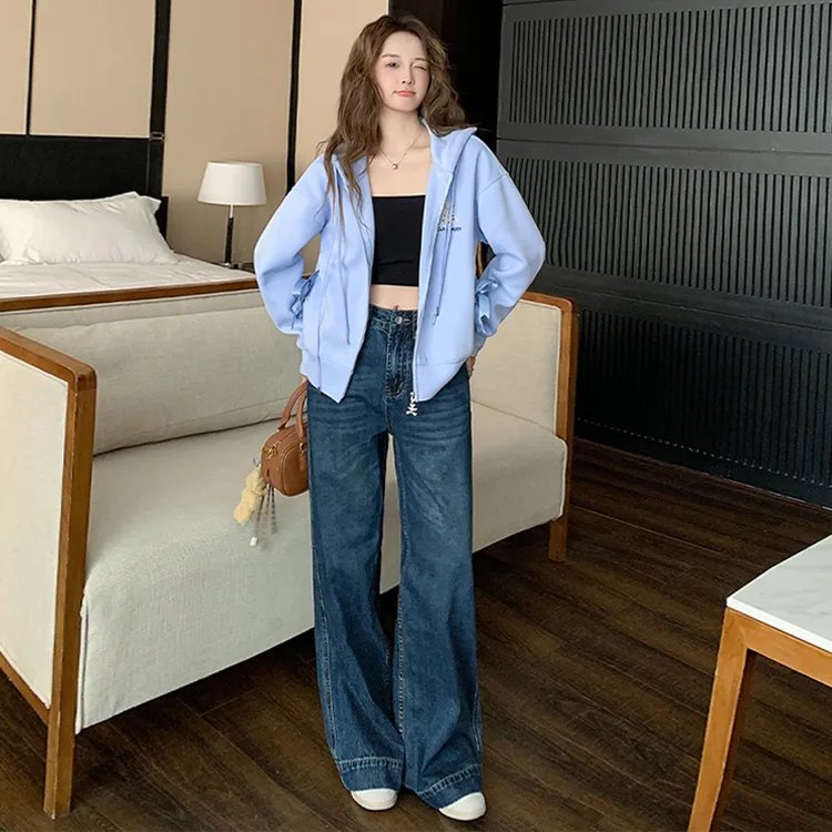 盐系可爱休闲运动套装春女新款连帽拉链卫衣阔腿牛仔裤减龄两件套