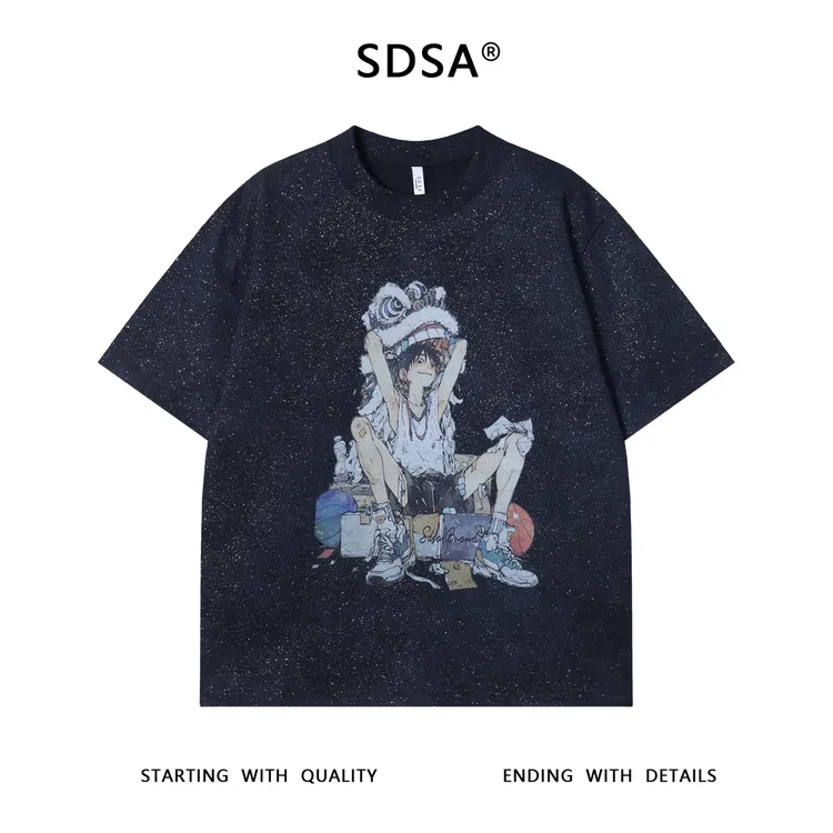 夏季高级感新款男士满天星人物卡通印花短袖T恤宽松潮流街头上衣